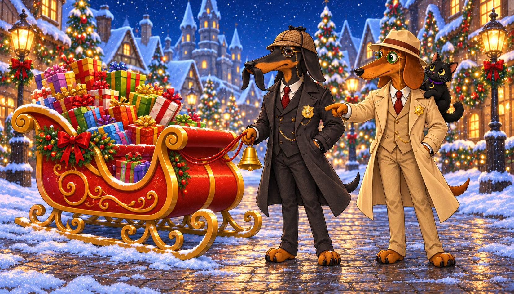 Hanz, the black-and-tan dachshund with a moustache and deerstalker, and Franz, the golden-brown dachshund with glasses and a cream fedora, beside a sleigh of presents in a snowy village.