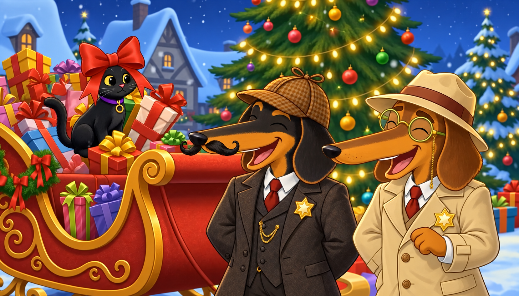 Hanz and Franz laughing beside the Christmas sleigh, with Mia the black cat perched among the presents.